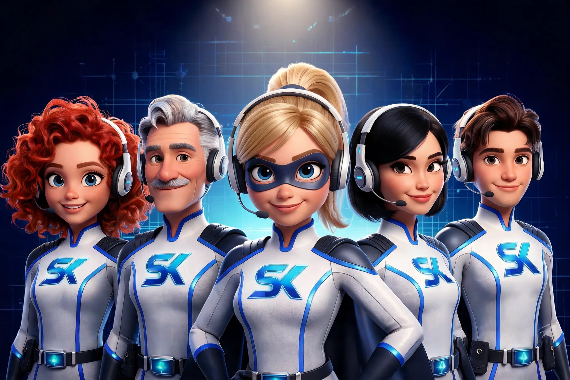 Five SideKickCo receptionist heroes in matching uniforms with headsets, one for each Sidekick voice