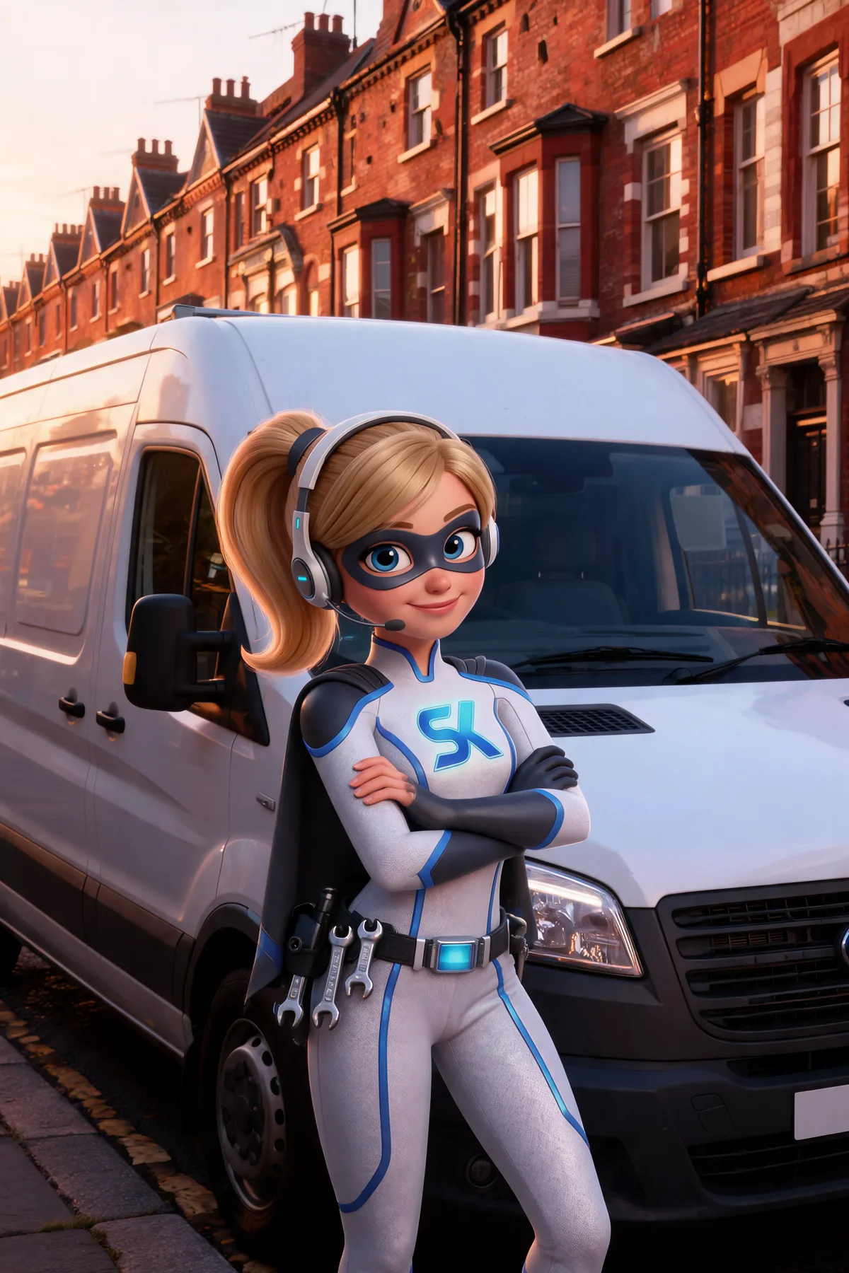 The SideKickCo Sidekick leaning against a tradesman's white van on a UK terraced street at golden hour